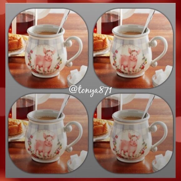 🦋 New Pioneer Gray Gingham Pig Ceramic 15-Ounce Mugs, Qty 4 - Picture 4 of 7